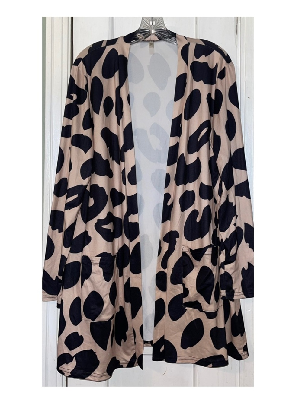 Open-Front Animal Print Knit Cardigan - Black and Beige